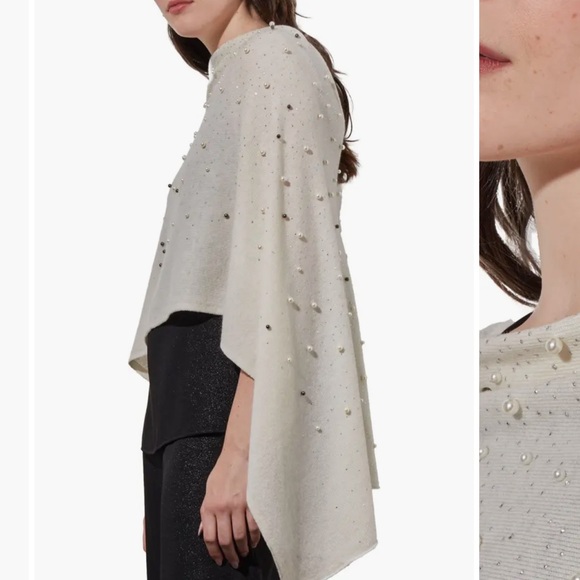 Ming Wang Faux Pearl Embellished Cashmere Wool Blend Boat Neck Poncho - Picture 6 of 13